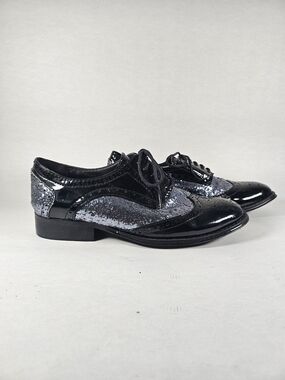 Wanted Black Patent and Silver Glitter Wingtip Oxfords 7